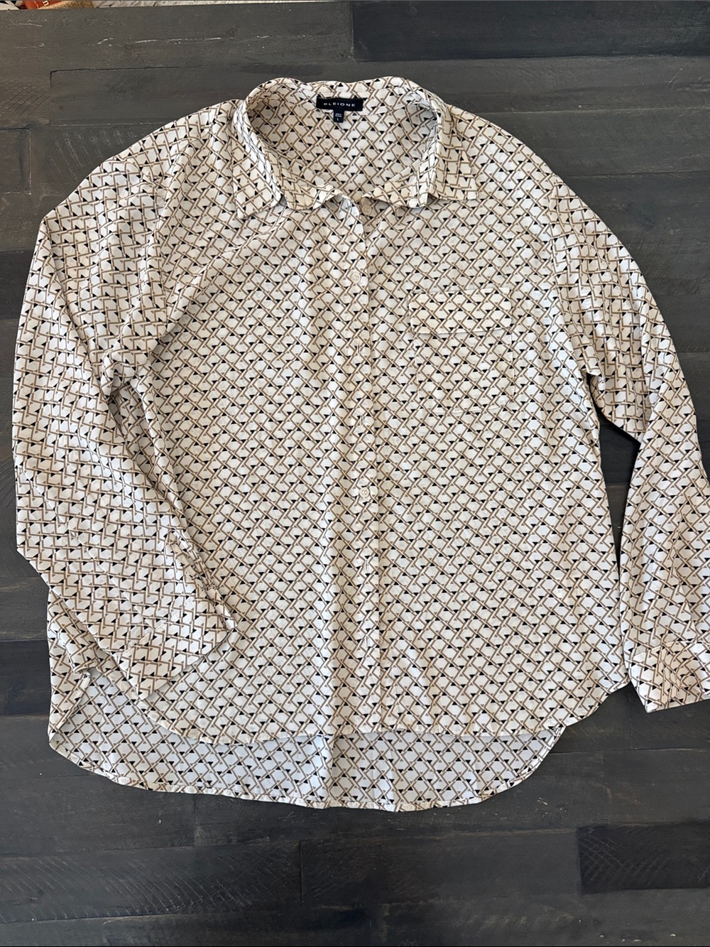 Pleione Cream Button-Up Blouse with Black Geometric Print